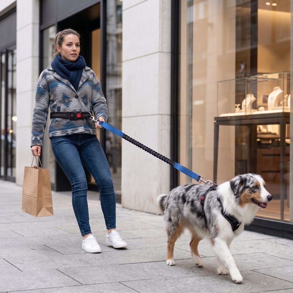 Femme faisant du shopping en ville avec son berger australien, ceinture mains libres noire et laisse élastique bleue