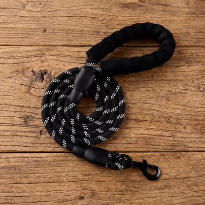 Laisse pour chien corde TrekLine Chien store noire tressée avec coutures réfléchissantes blanches, poignée confort rembourrée en mousse et mousqueton rotatif noir