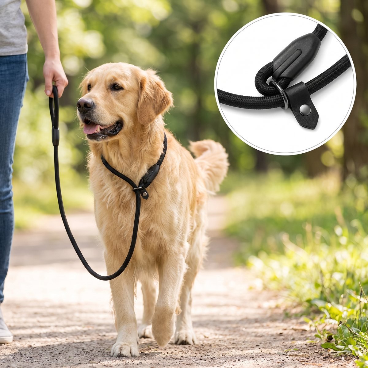 laisse pour chien en corde CordaWalk - coloris noir, golden retriever en promenade avec zoom sur le mousqueton