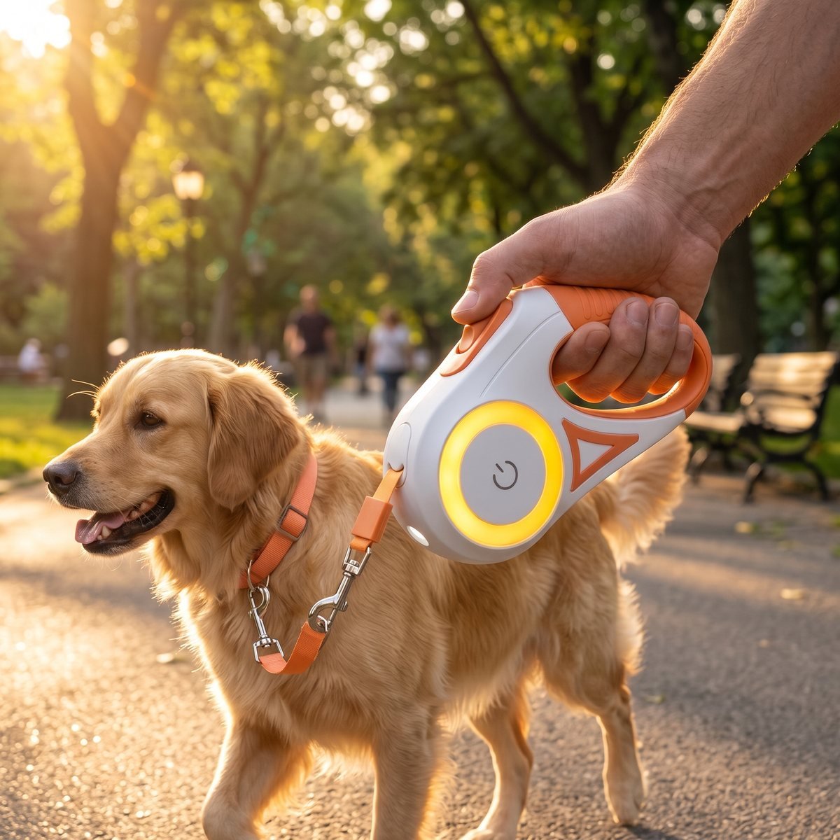 Laisse pour chien LiteWalk coloris orange, golden retriever en promenade au parc au coucher du soleil, poignée LED allumée