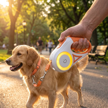 Laisse pour chien LiteWalk coloris orange, golden retriever en promenade au parc au coucher du soleil, poignée LED allumée