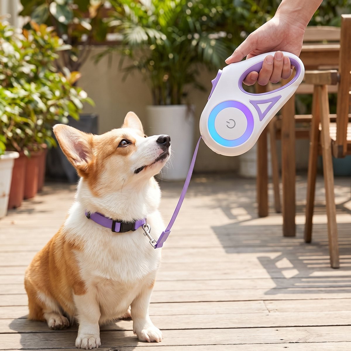 Laisse pour chien LiteWalk coloris violet, gros plan sur le museau d'un chien Corgi sur une terrasse