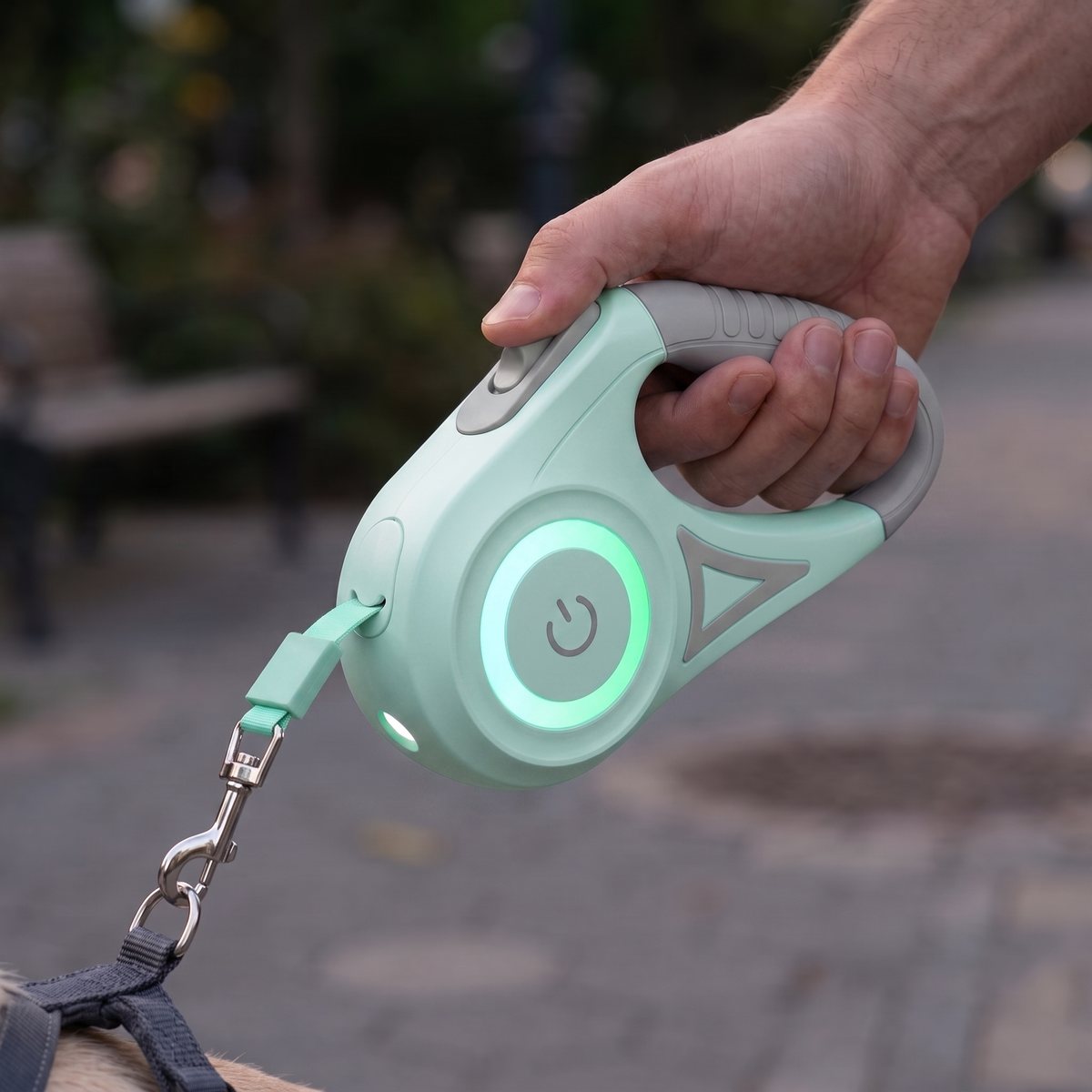 Laisse pour chien LiteWalk coloris vert menthe, macro de la poignée avec torche LED allumée dans un parc