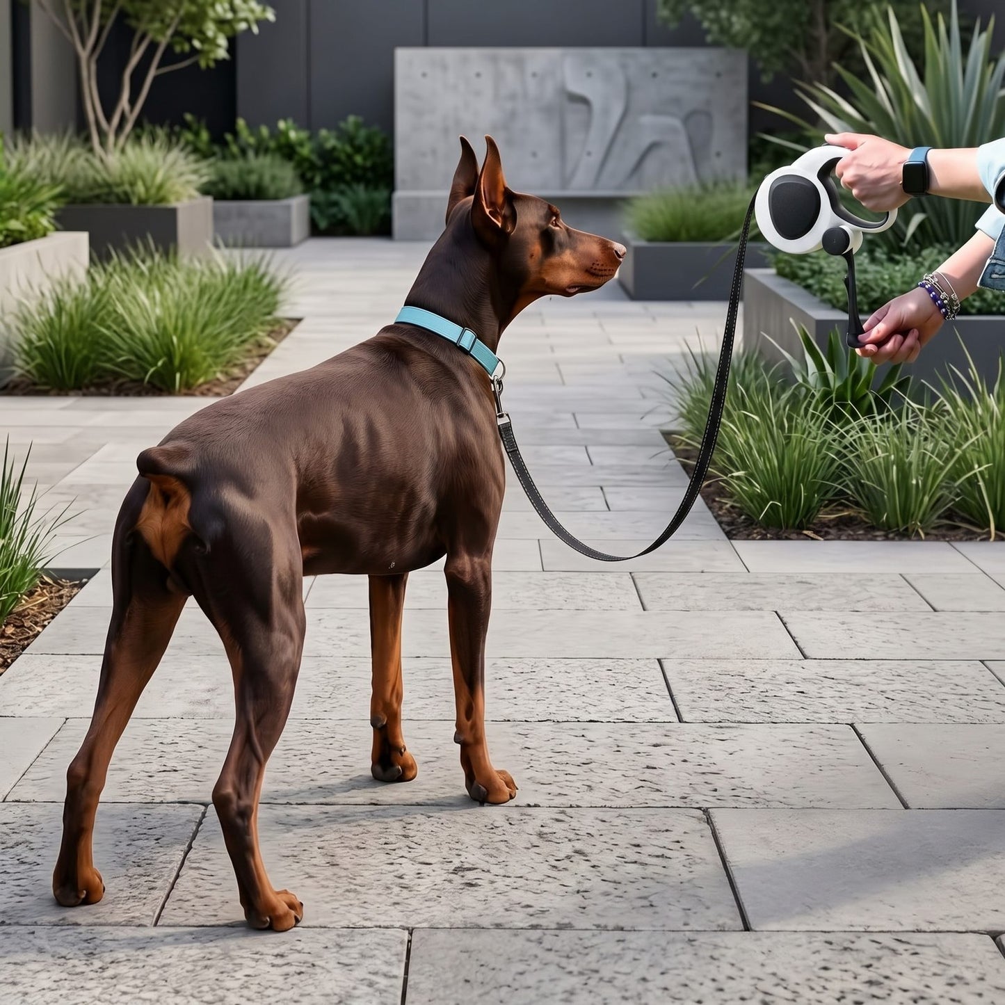 Dobermann au collier bleu clair promené avec la laisse enrouleur 5m pour chien IronTrek dans un jardin moderne