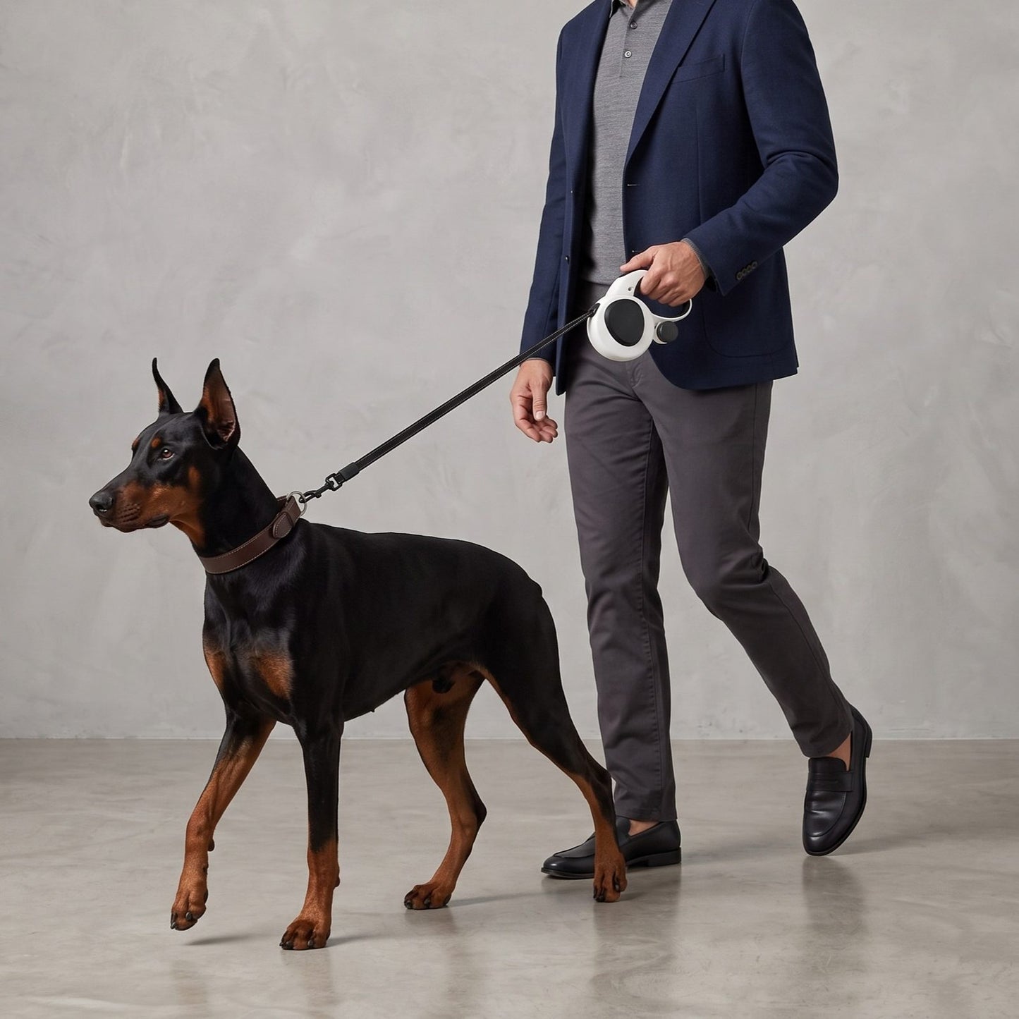 Homme en veste élégante promenant un Dobermann avec la laisse enrouleur 5m pour chien IronTrek, studio gris