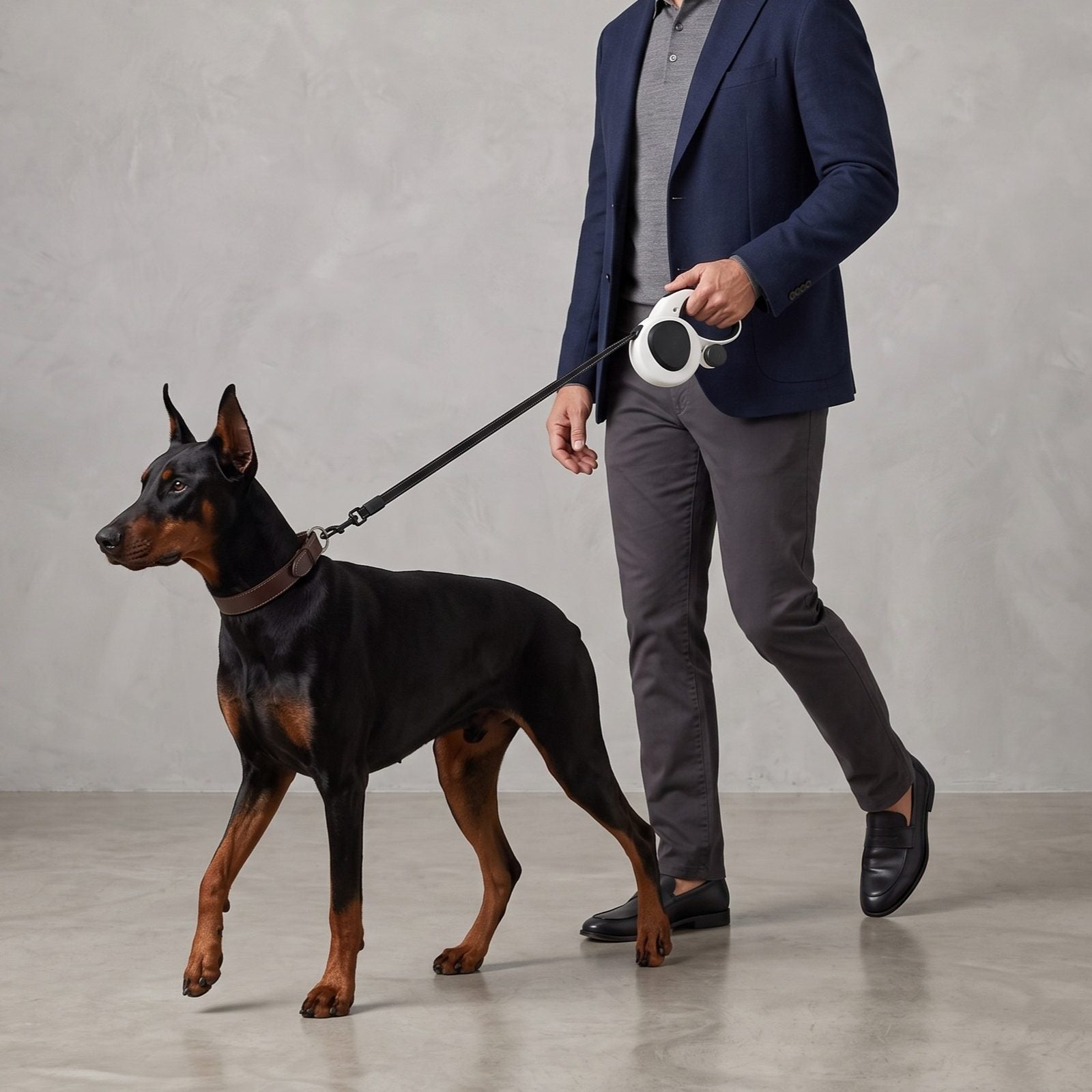 Homme en veste élégante promenant un Dobermann avec la laisse enrouleur 5m pour chien IronTrek, studio gris