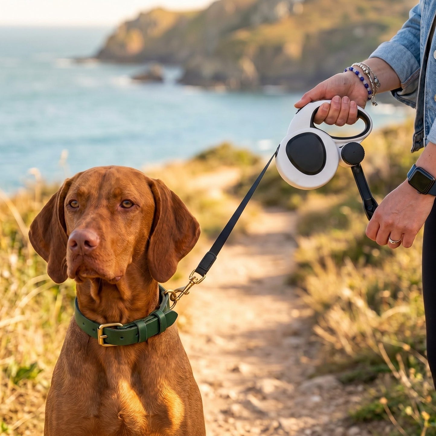 Vizsla au collier vert tenu avec la laisse enrouleur 5m pour chien IronTrek sur un sentier côtier