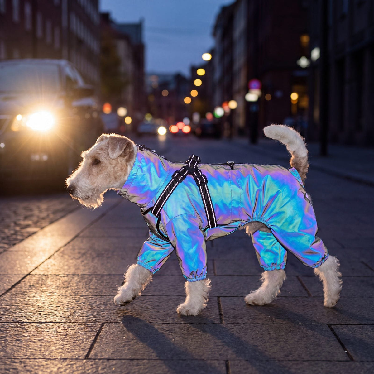 Fox terrier le soir dans une rue éclairée par des phares, manteau réfléchissant irisé aux reflets bleus et violets