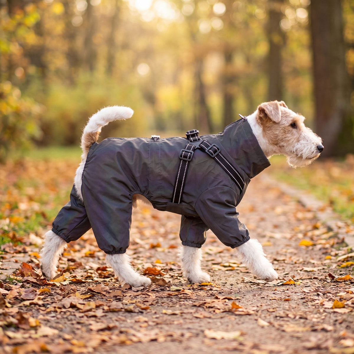 Fox terrier de profil en promenade sur un chemin de feuilles d'automne, portant un manteau irisé imperméable 4 pattes avec harnais