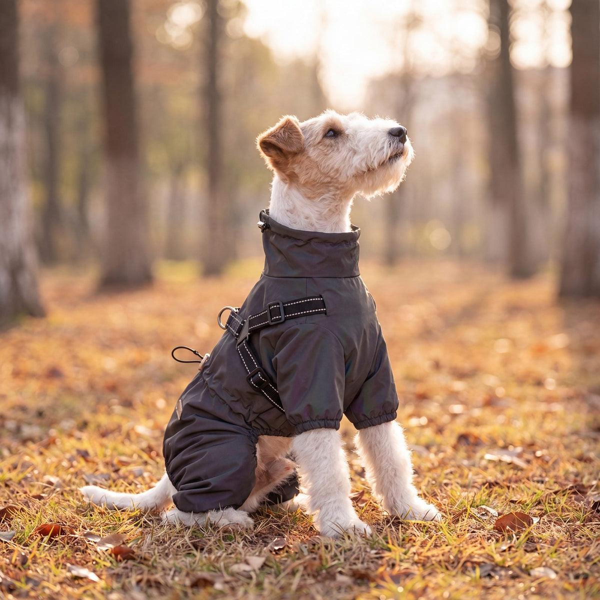 Fox terrier assis de profil, tête levée, dans un sous-bois d'automne avec un manteau irisé imperméable 4 pattes