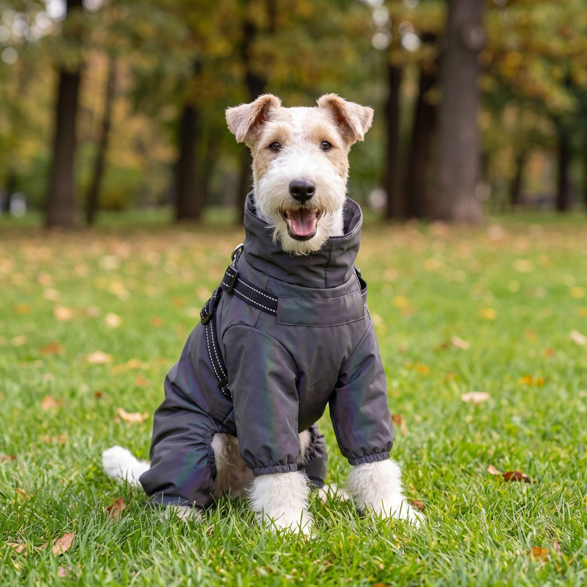 Fox terrier assis de face dans un parc, portant un manteau irisé réfléchissant imperméable à col haut et harnais intégré