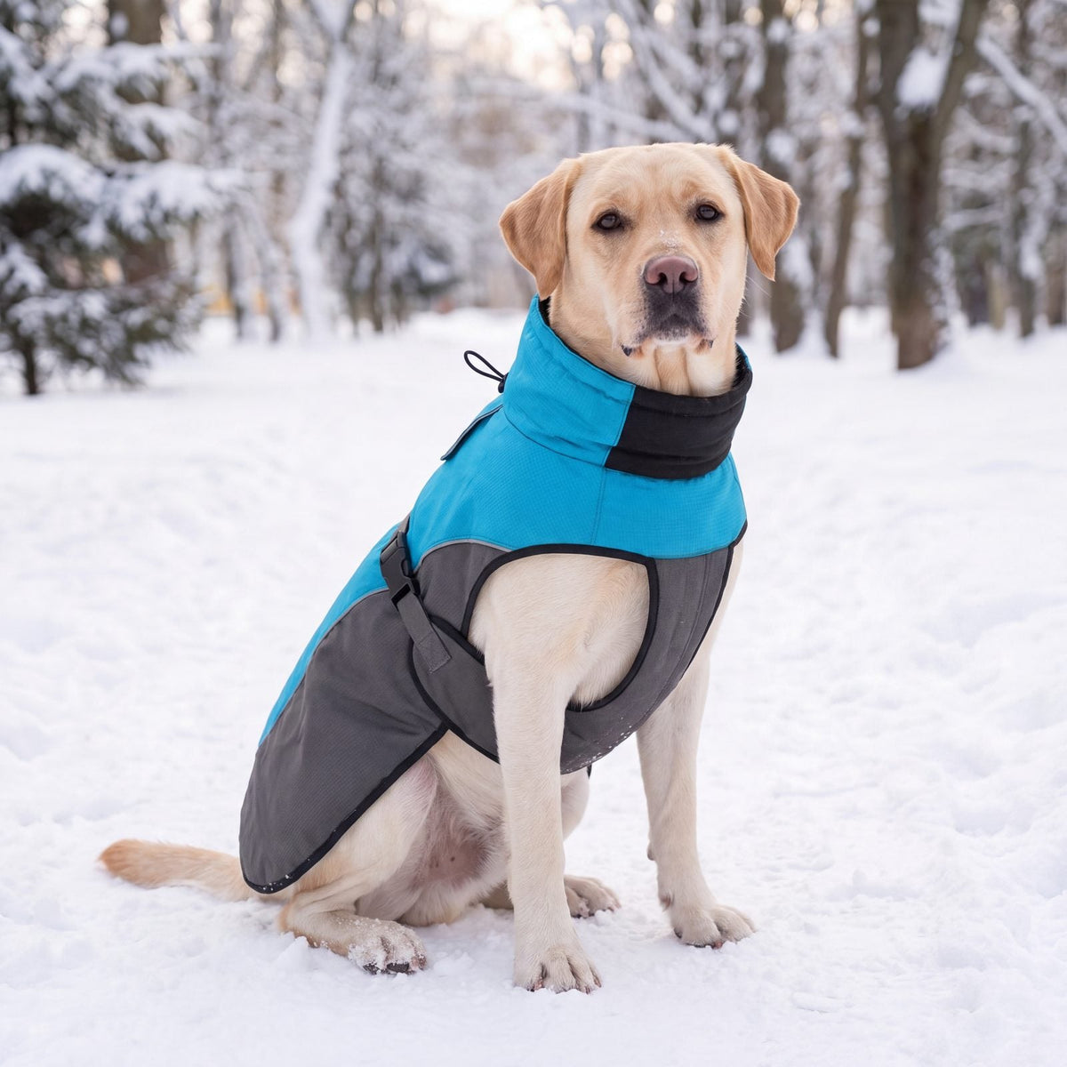 Labrador assis dans la neige portant le manteau d'hiver bleu et gris, vu de face
