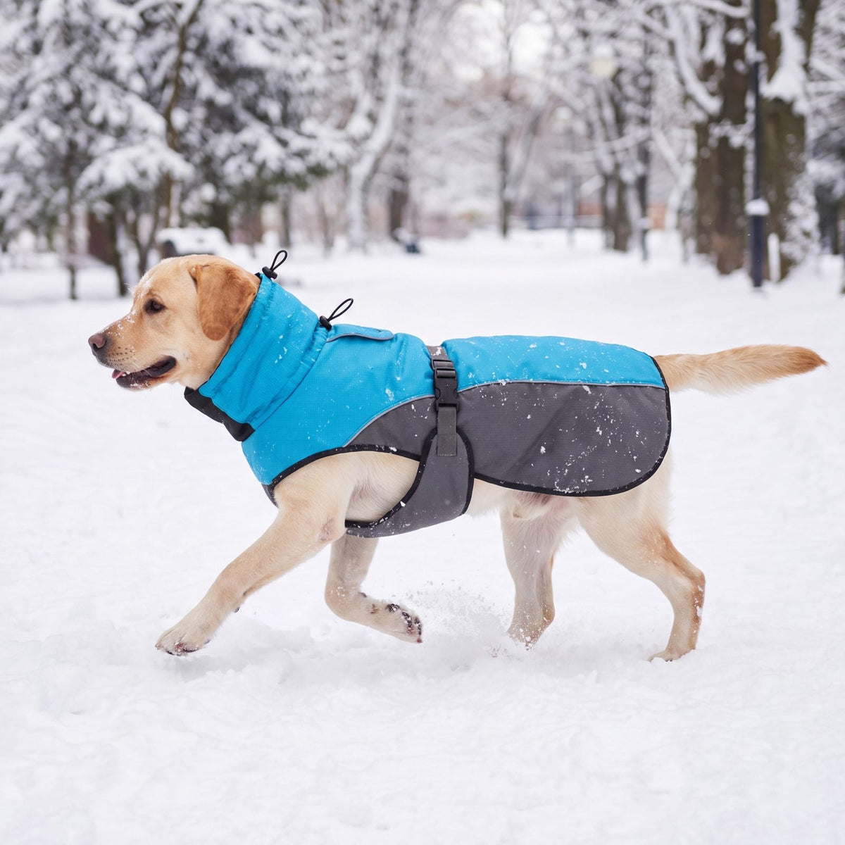 Labrador qui trotte dans la neige avec un manteau d'hiver bleu et gris, vu de profil
