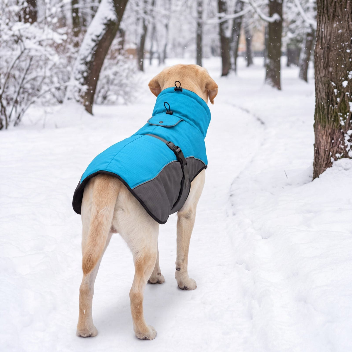 Labrador vu de dos dans un chemin enneigé avec un manteau d'hiver bleu et gris