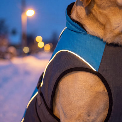 Liseré réfléchissant du manteau d'hiver bleu et gris pour chien de nuit, gros plan