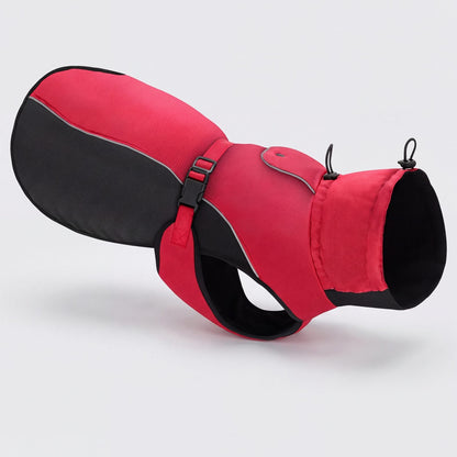 Manteau d'hiver chaud pour chien rouge et noir avec col haut à cordon, sangle de ventre et liserés réfléchissants