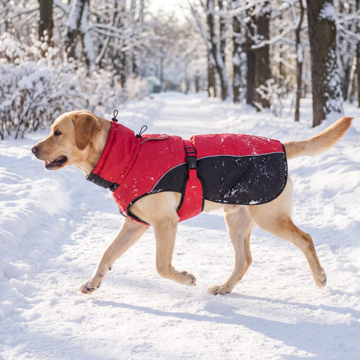Chien en manteau d'hiver chaud rouge et noir qui trotte de profil dans un parc enneigé