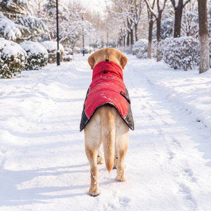 Chien vu de dos dans un parc enneigé avec un manteau d'hiver chaud pour chien rouge et noir