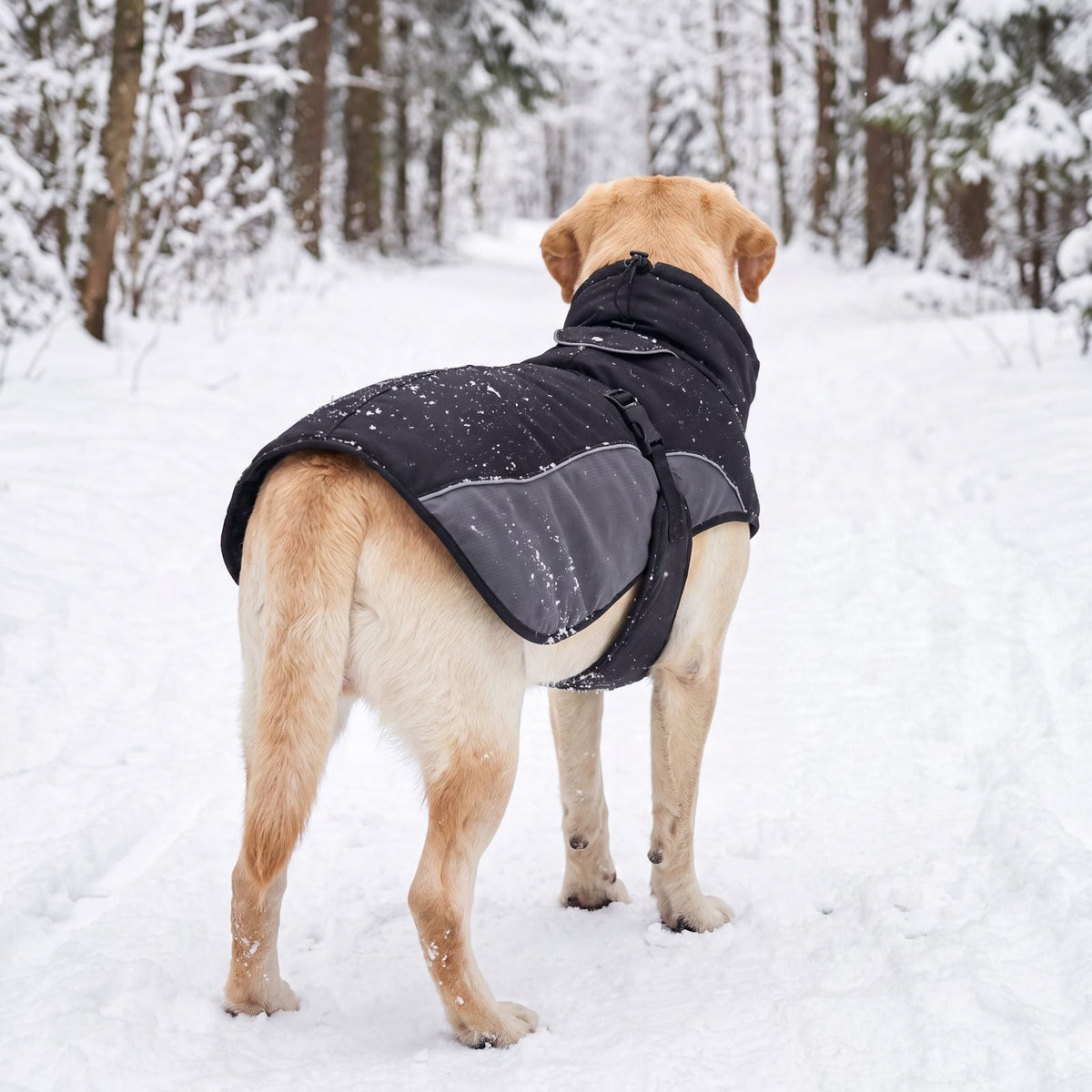 Labrador vu de dos dans la neige avec le manteau d'hiver chaud pour chien noir et gris