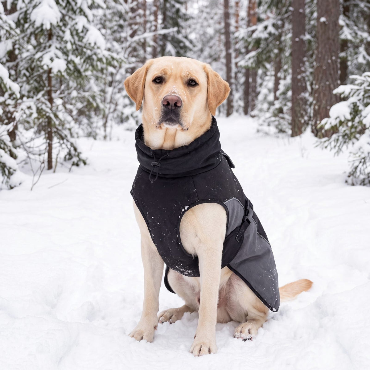 Labrador assis face caméra dans la neige avec le manteau d'hiver chaud pour chien noir et gris