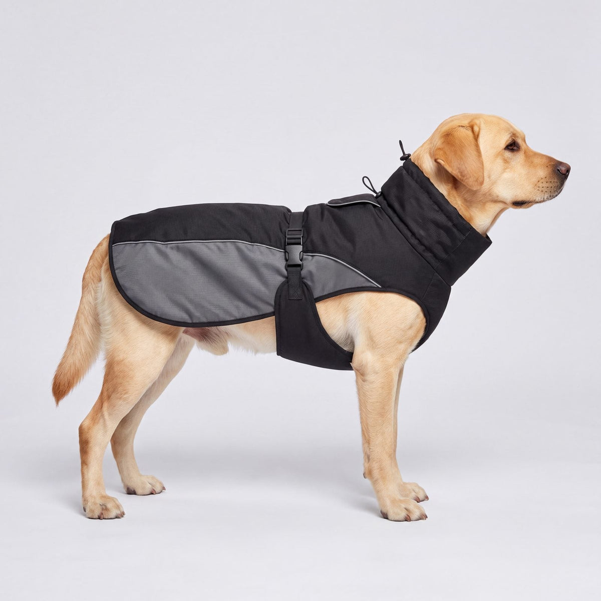 Labrador de profil sur fond studio avec le manteau d'hiver chaud pour chien noir et gris