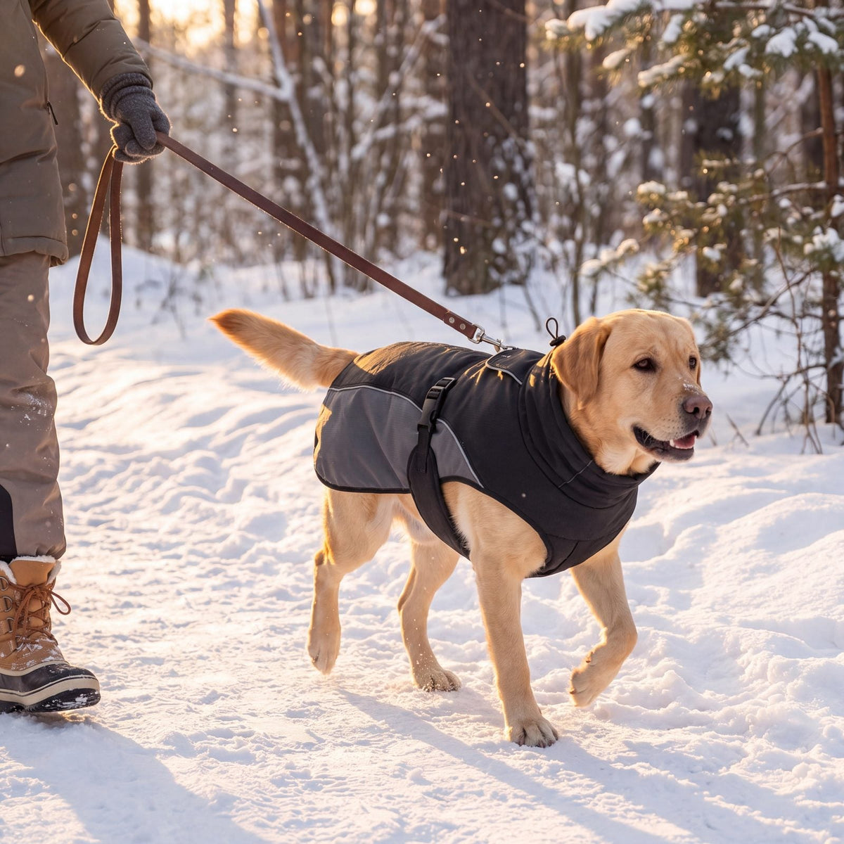 Labrador en balade en laisse dans la neige avec le manteau d'hiver chaud pour chien noir et gris