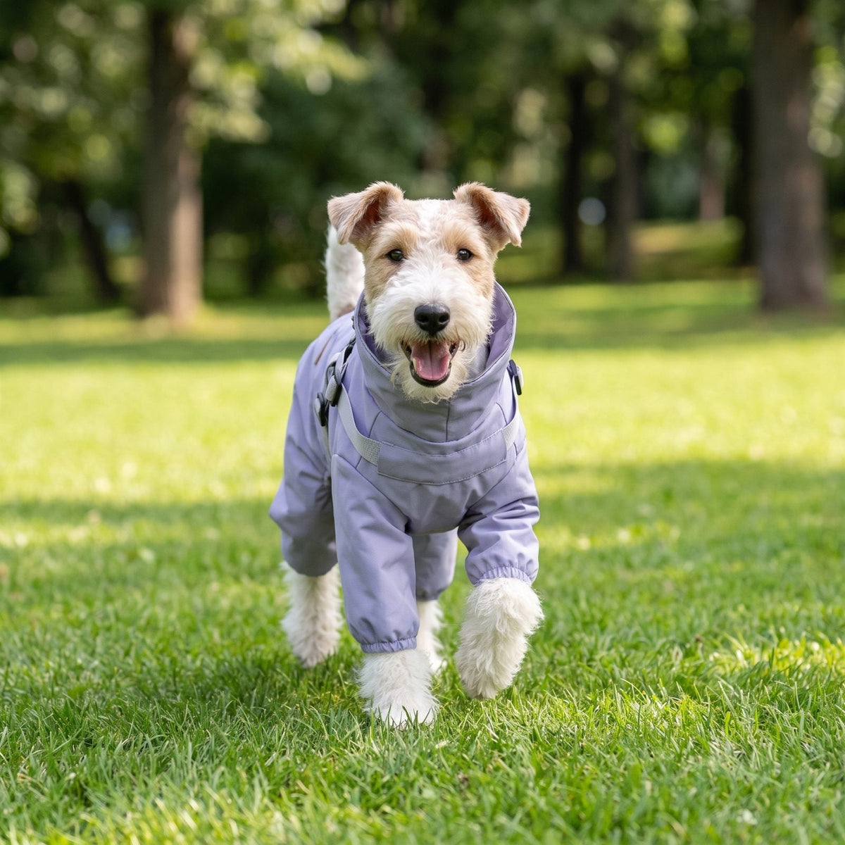 Fox terrier trottant sur une pelouse avec un manteau lilas imperméable 4 pattes, manchettes aux pattes