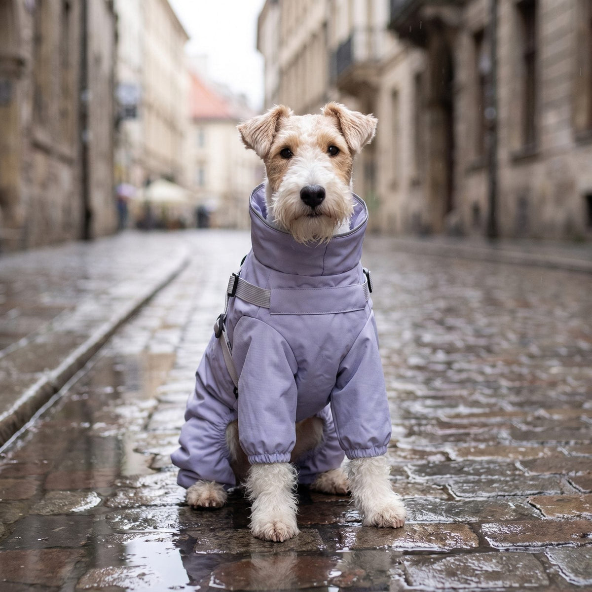 Fox terrier assis de face dans une rue pavée mouillée, portant un manteau lilas imperméable 4 pattes avec col haut