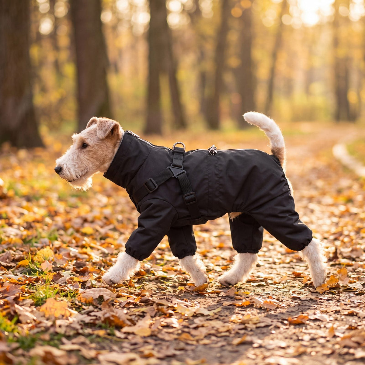 Fox terrier qui marche de profil dans un parc d'automne, portant un manteau noir imperméable 4 pattes avec harnais intégré