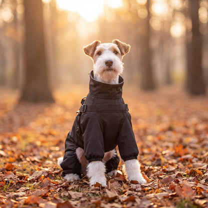 Fox terrier assis de face dans un parc d'automne, portant un manteau noir imperméable 4 pattes avec col haut et harnais intégré
