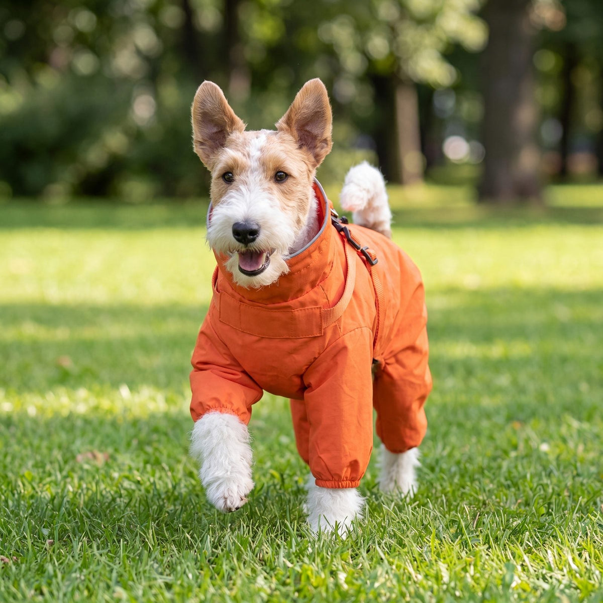 Fox terrier trottant sur une pelouse avec un manteau orange imperméable 4 pattes, manchettes aux pattes