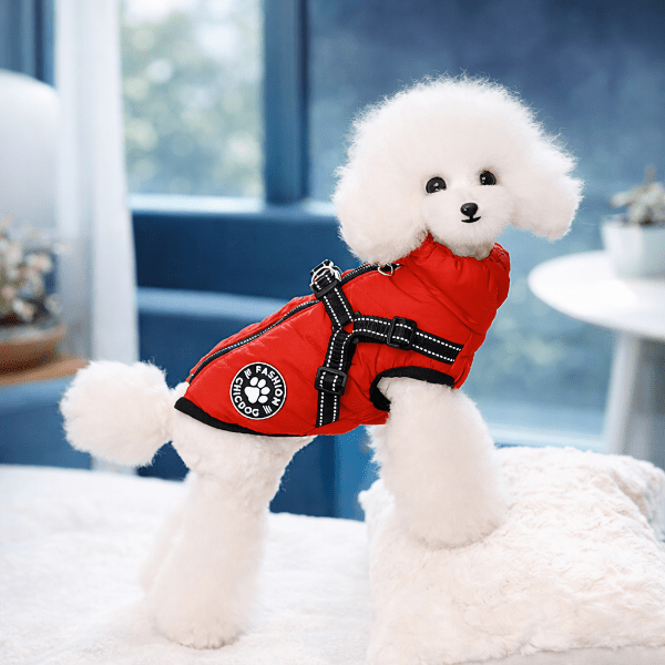 Harnais chien rouge avec manteau d’hiver porté par un petit chien blanc en intérieur, combinaison idéale entre confort, chaleur et sécurité