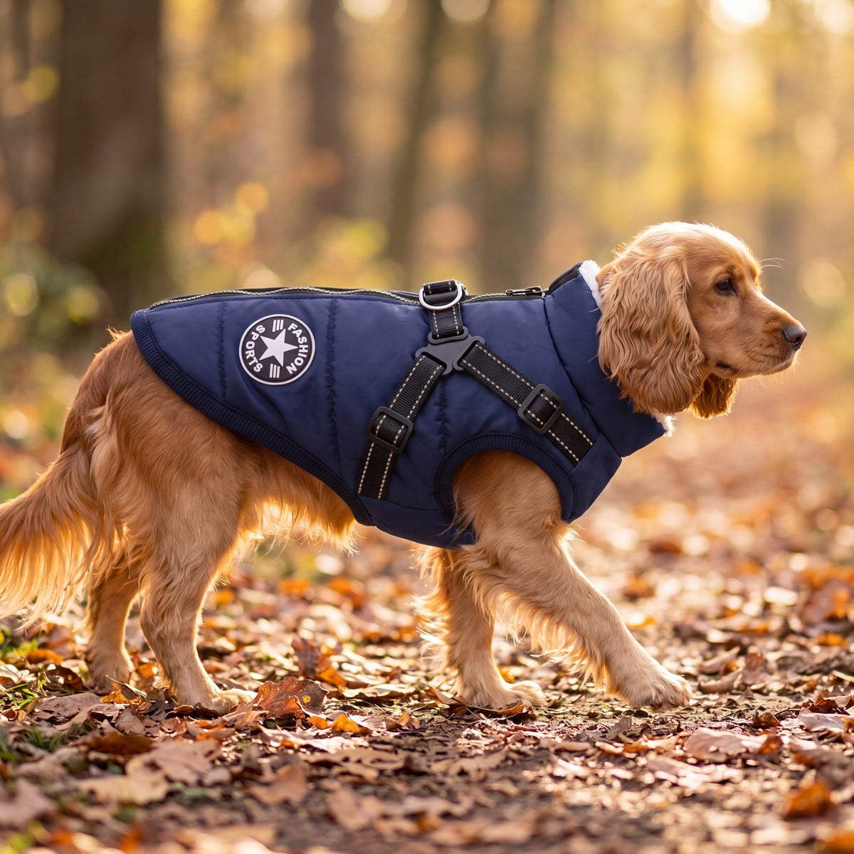 Cocker spaniel doré marchant sur un chemin de forêt d'automne avec un manteau pour chien doublé polaire bleu marine