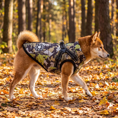 Chien shiba en balade dans une forêt d'automne avec un manteau camouflage doublé polaire