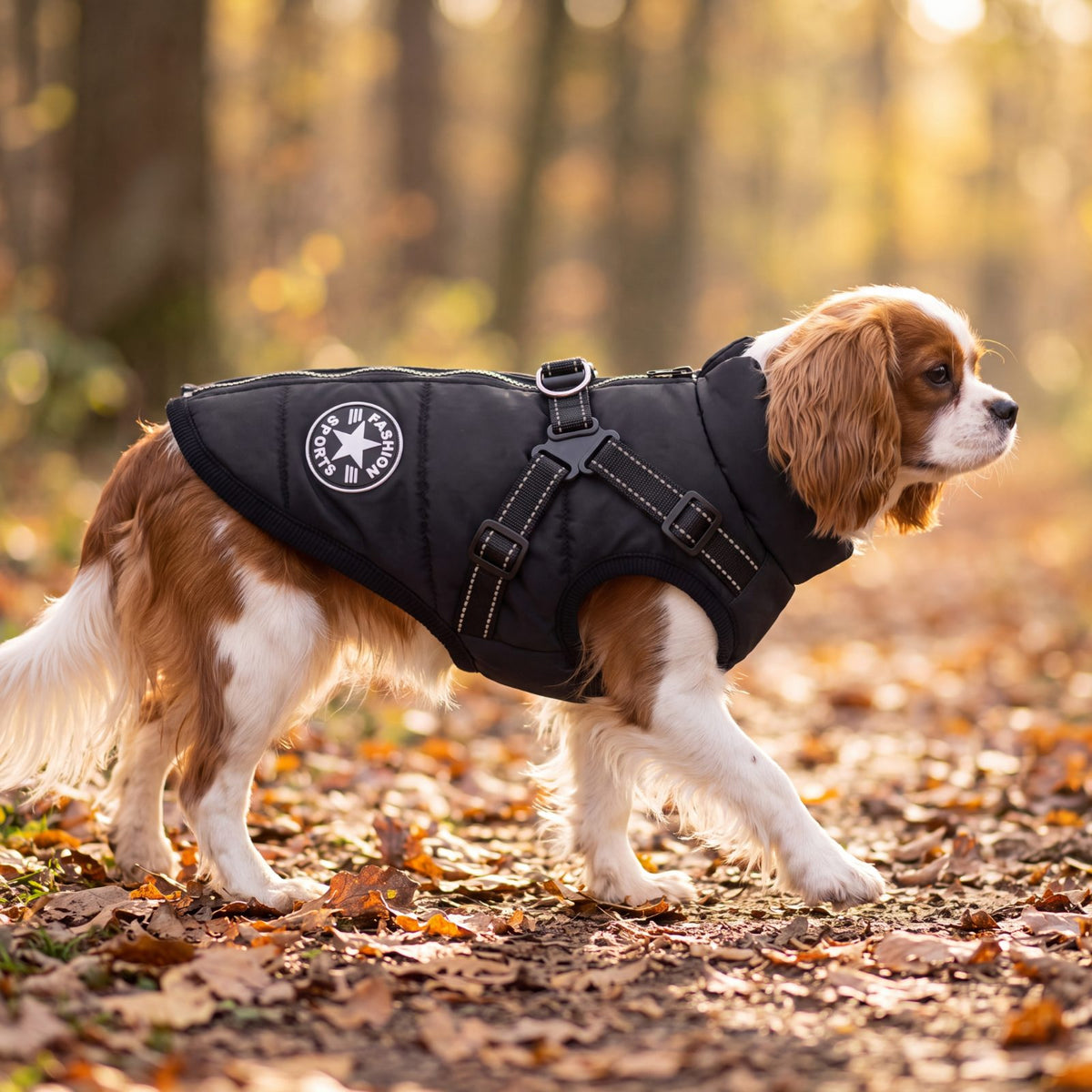 Cavalier King Charles qui marche en forêt d'automne avec un manteau noir doublé polaire et harnais intégré