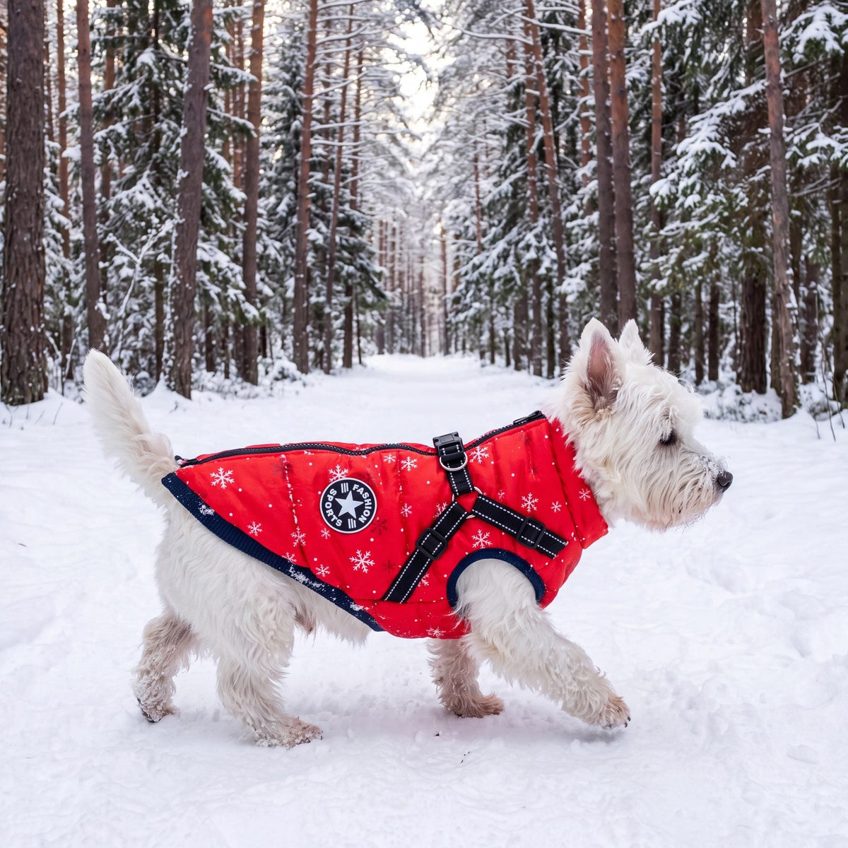 Westie en balade dans une forêt de pins enneigée avec un manteau rouge vif à flocons et harnais intégré