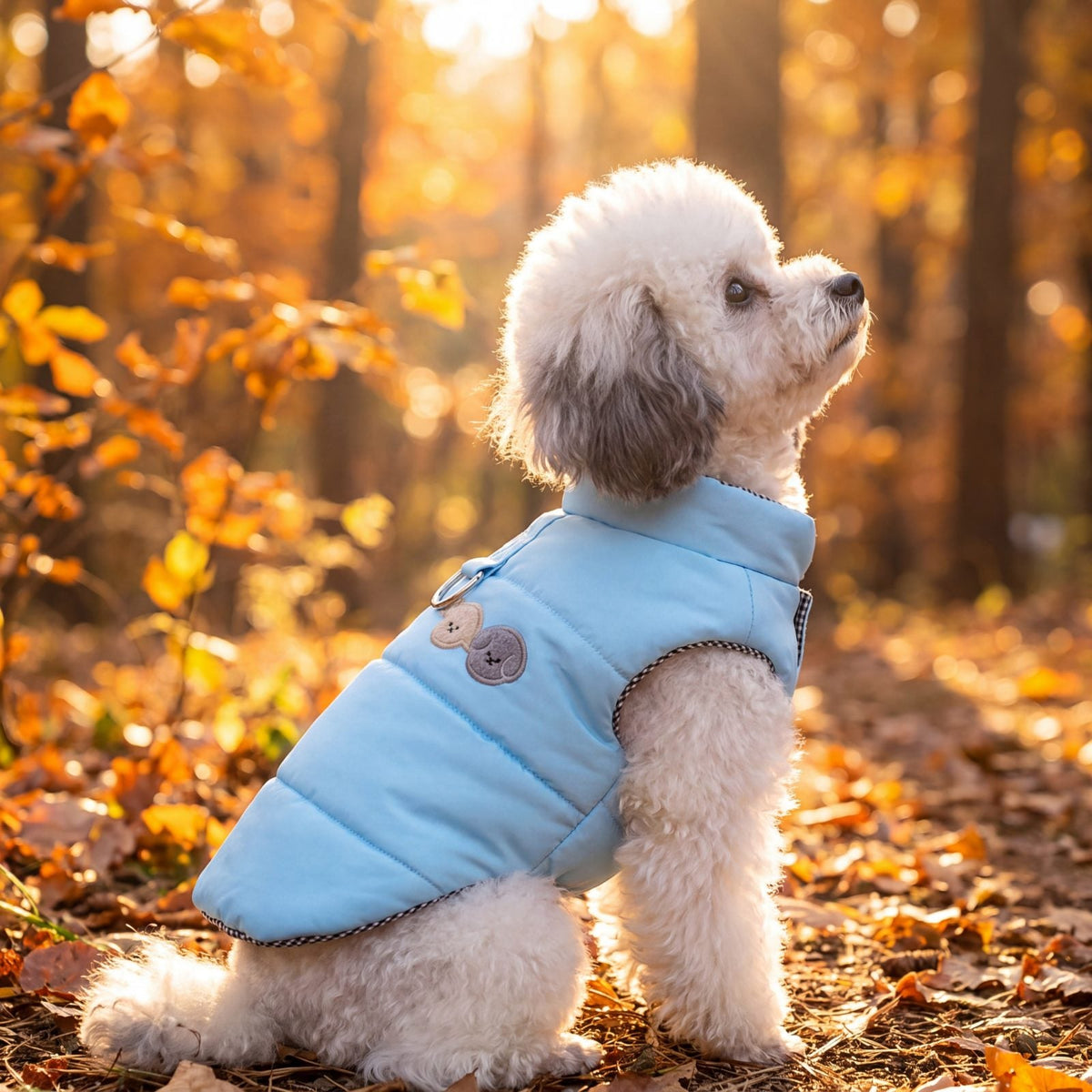 Petit chien blanc assis de profil à contre-jour dans un parc d'automne, portant une doudoune bleu ciel matelassée