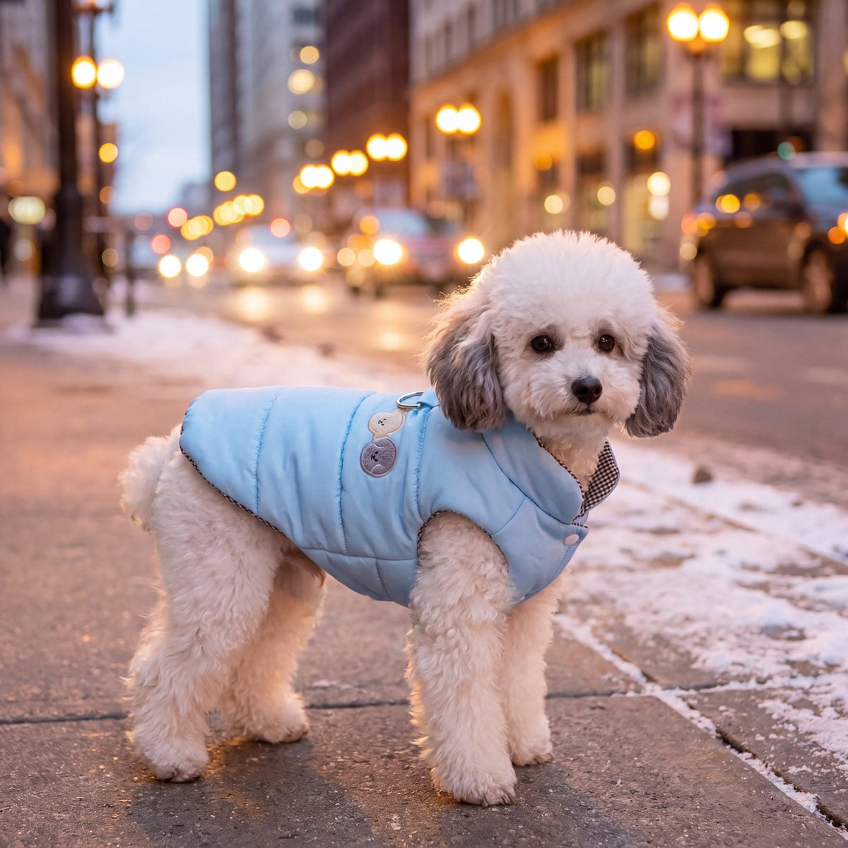 Petit chien blanc debout sur un trottoir enneigé en ville le soir, portant une doudoune bleu ciel avec harnais intégré