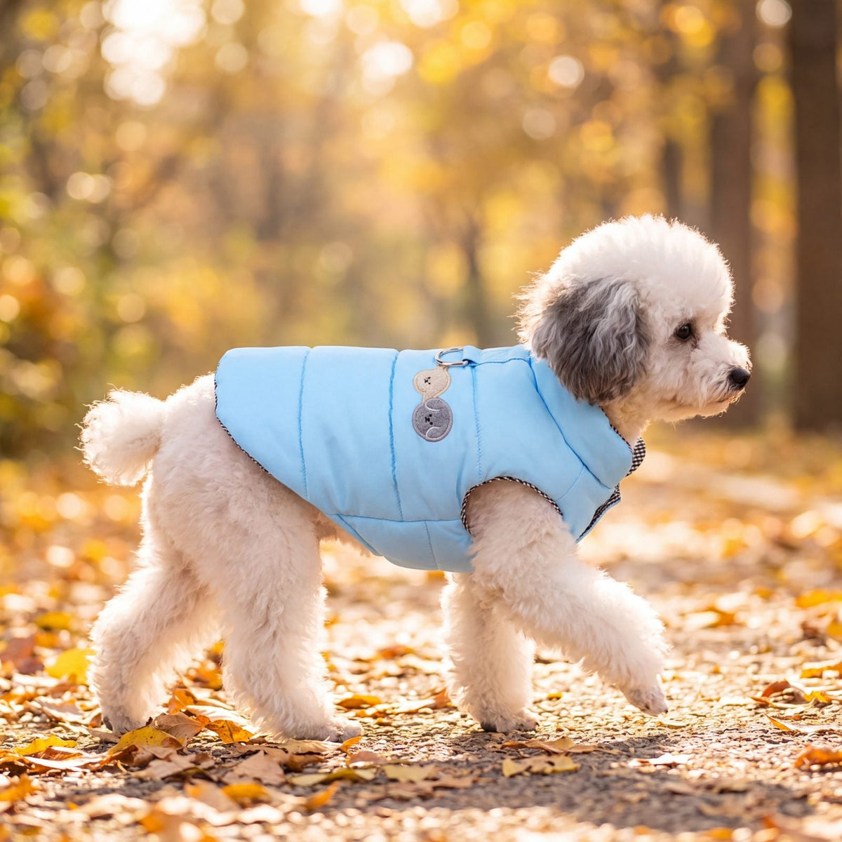Petit chien blanc qui trotte de profil dans un parc d'automne, portant une doudoune bleu ciel avec harnais intégré