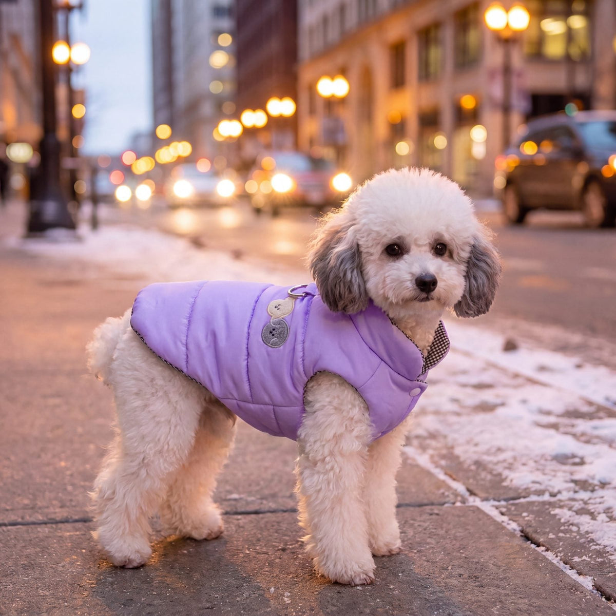 Caniche blanc en doudoune violette dans une rue enneigée de la ville au crépuscule