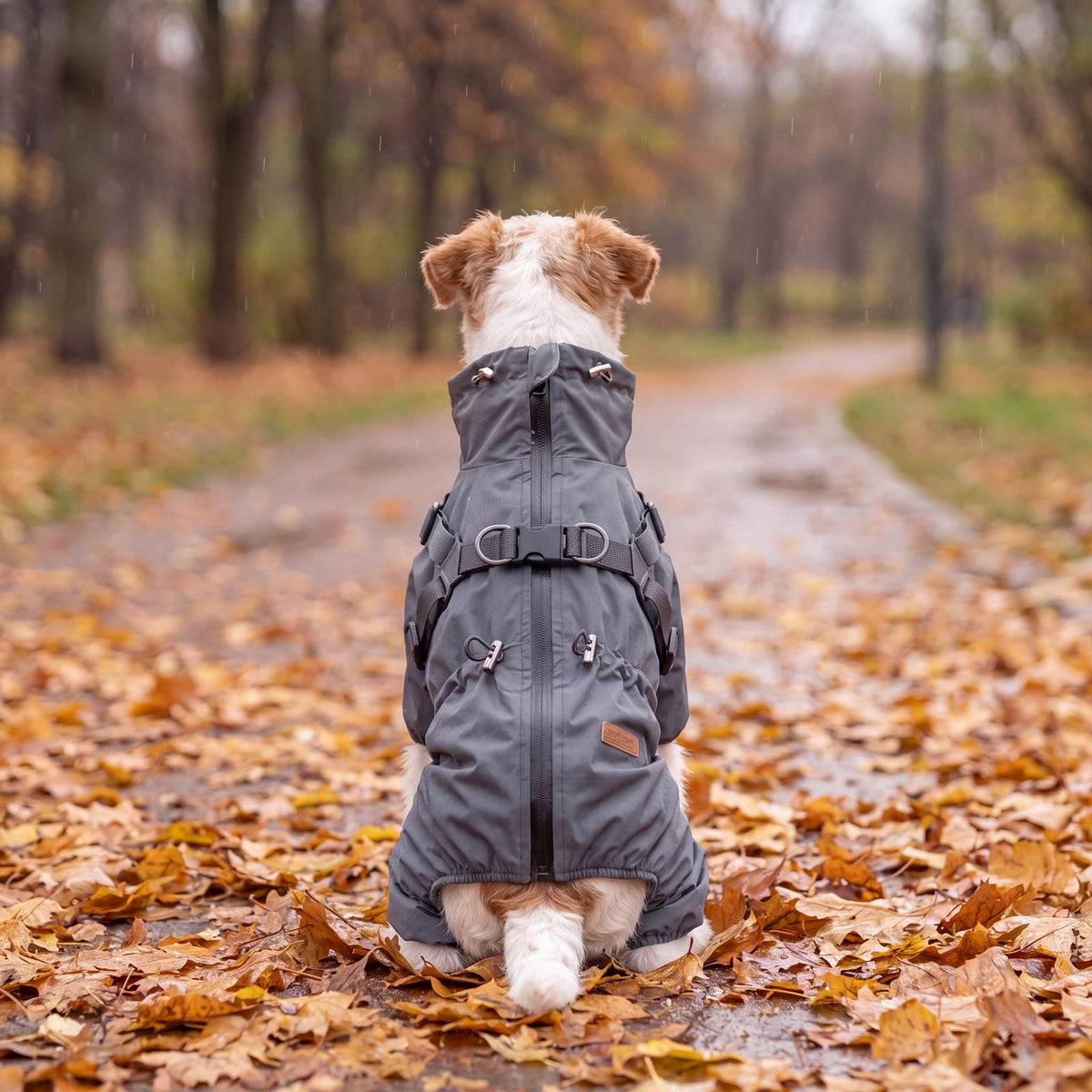 Fox terrier assis vu de dos sur des feuilles d'automne, manteau pour chien gris avec fermeture imperméable dans le dos et harnais intégré