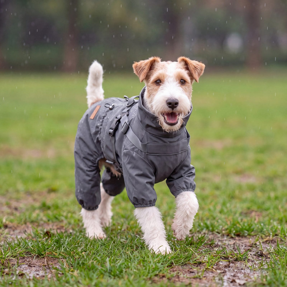 Fox terrier qui trotte sur une pelouse sous la pluie avec son manteau pour chien imperméable gris 4 pattes