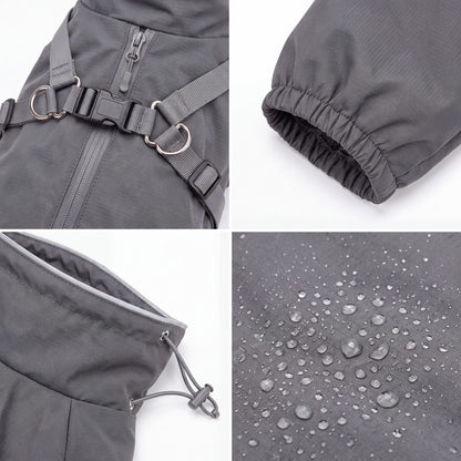 Planche de détails du manteau pour chien gris : fermeture dans le dos et harnais, manchette élastique, col à cordon, gouttes d'eau sur le tissu imperméable