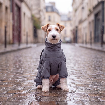 Fox terrier assis face caméra dans une rue pavée sous la pluie, avec son manteau pour chien imperméable gris à col haut