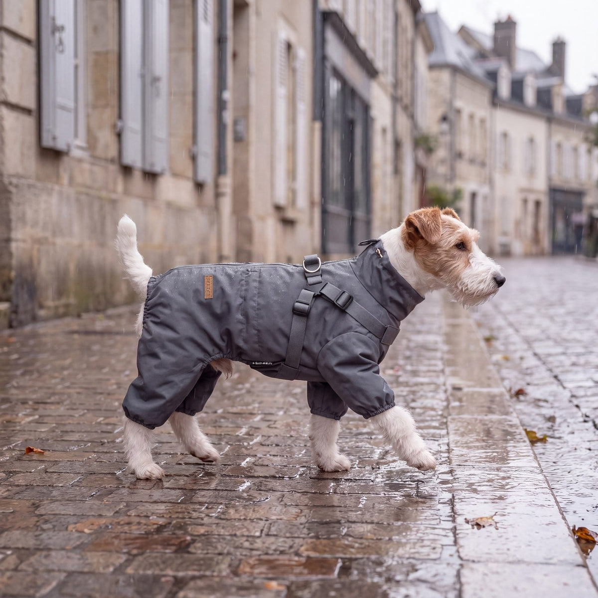 Fox terrier qui marche de profil sous la pluie sur un trottoir pavé avec son manteau pour chien imperméable gris et harnais intégré
