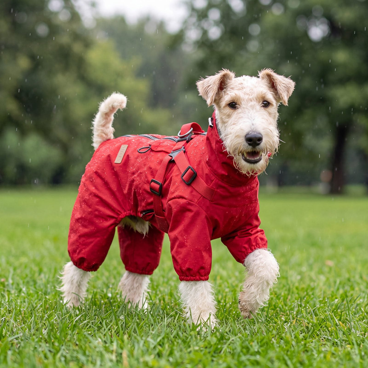 Chien qui trotte sur une pelouse mouillée avec un manteau rouge imperméable 4 pattes et harnais intégré