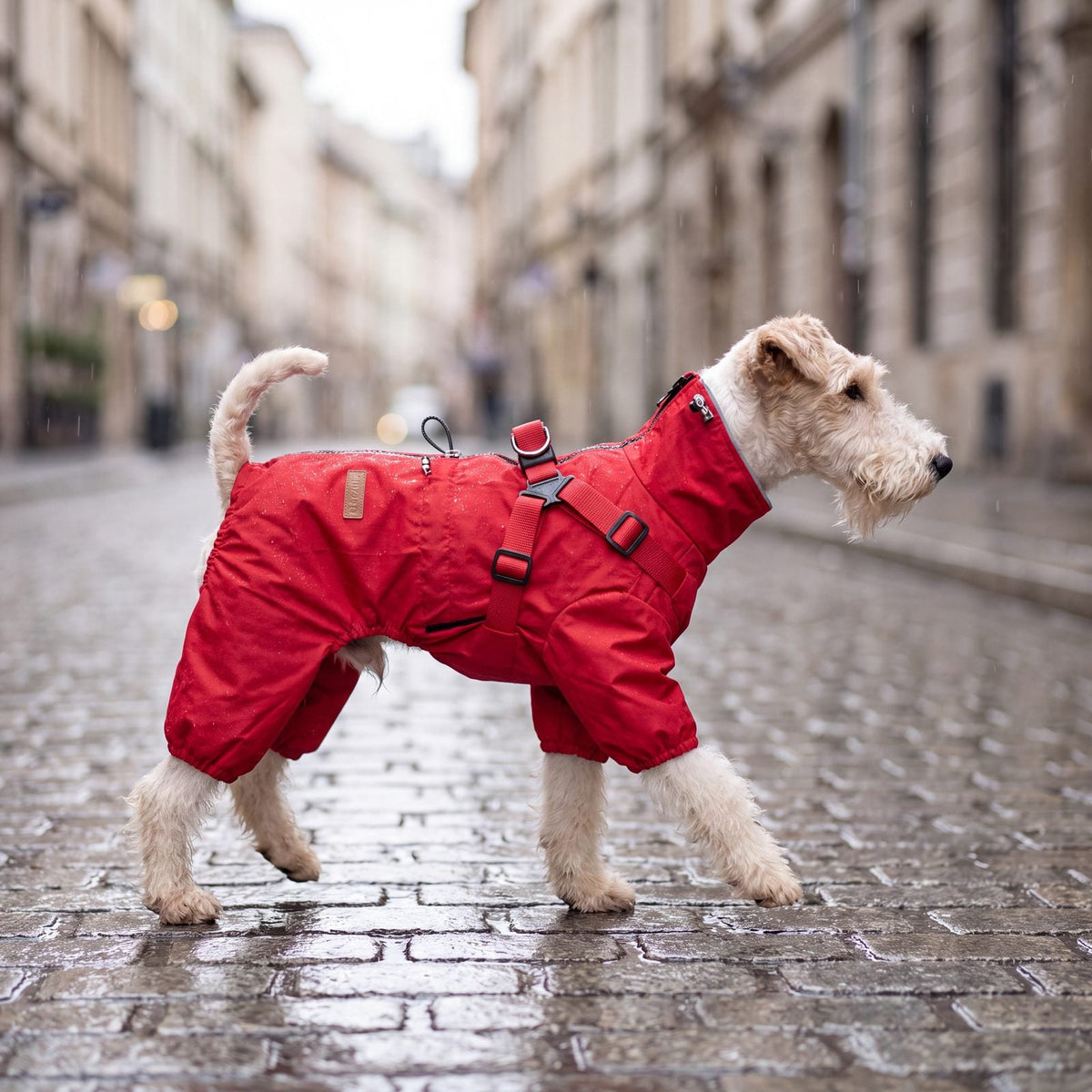 Fox terrier qui marche sous la pluie sur des pavés avec un manteau rouge imperméable 4 pattes et harnais intégré