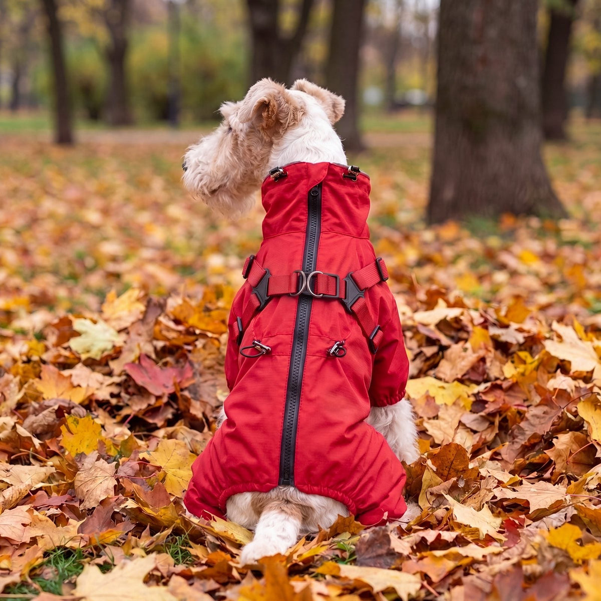 Vue de dos d'un chien assis dans les feuilles d'automne avec un manteau rouge, harnais à deux anneaux et fermeture zippée