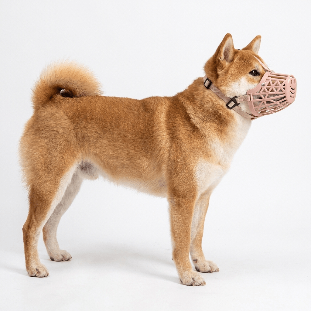 museliere cage a cordon ajustable sur shiba inu packshot vue de profil