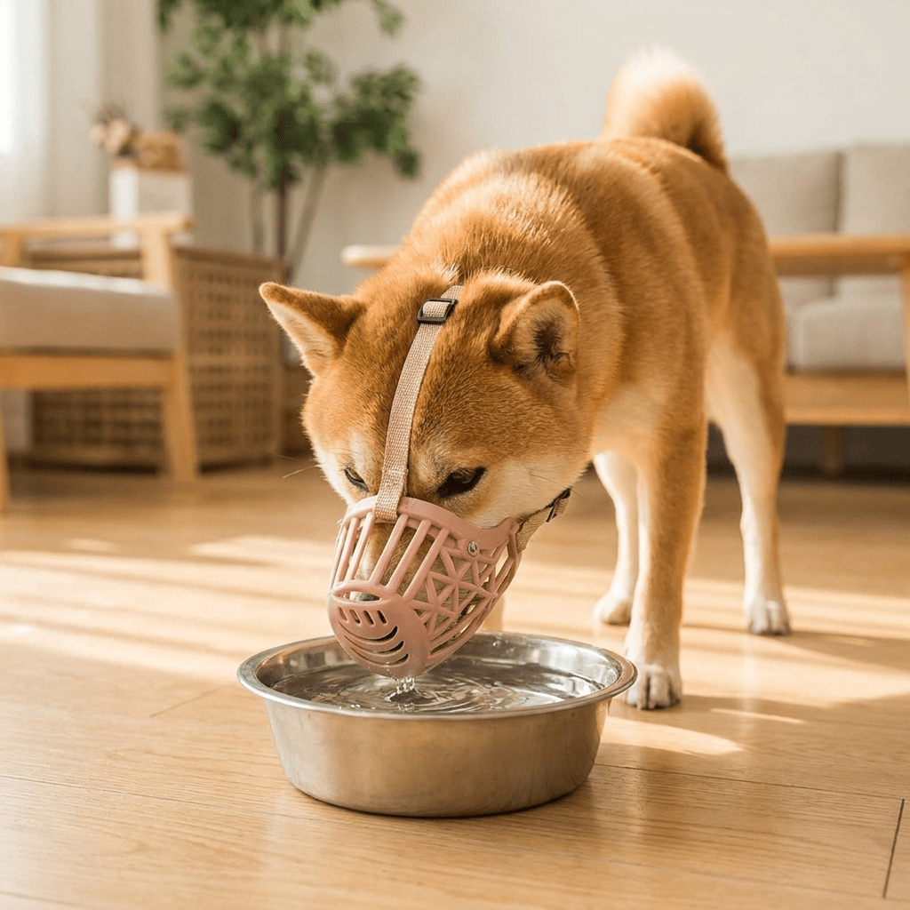 museliere cage a cordon ajustable sur shiba inu qui boit de l'eau